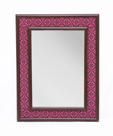 Wall Mirror of Brown Wooden Frame and Colorful Embroidery Patterns - Multiple Patterns - Green