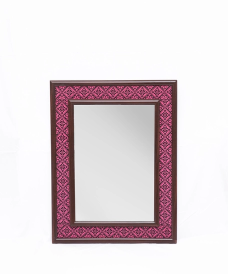 Wall Mirror of Brown Wooden Frame and Colorful Embroidery Patterns - Multiple Patterns - Green