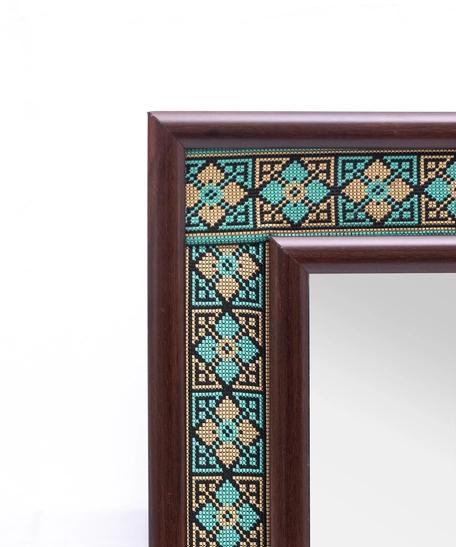 Wall Mirror of Brown Wooden Frame and Colorful Embroidery Patterns - Multiple Patterns - Green