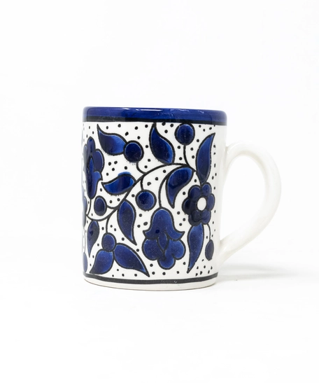 Hand-Painted white Ceramic Mug - Navy Blue Floral Patterns