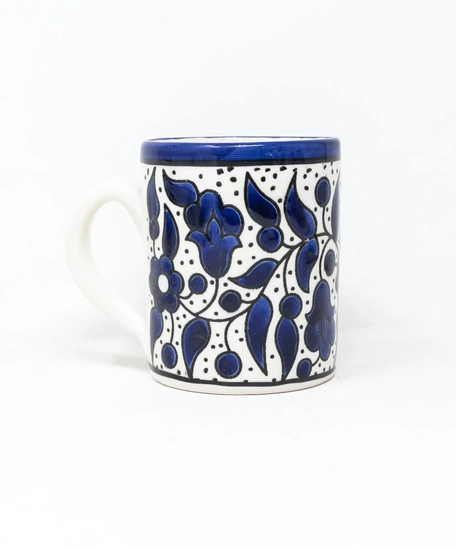 Hand-Painted white Ceramic Mug - Navy Blue Floral Patterns