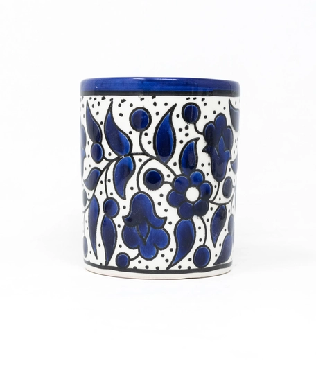 Hand-Painted white Ceramic Mug - Navy Blue Floral Patterns