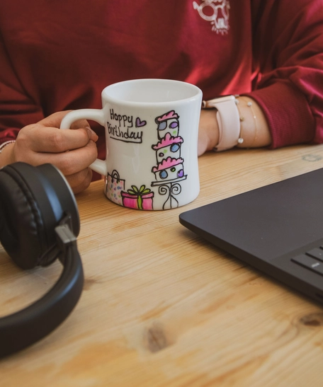 Hand-Painted White Ceramic Mug - Happy Birthday 