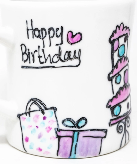 Hand-Painted White Ceramic Mug - Happy Birthday 