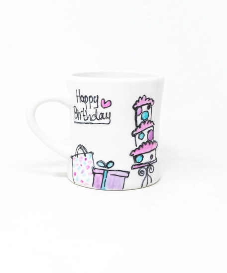 Hand-Painted White Ceramic Mug - Happy Birthday 