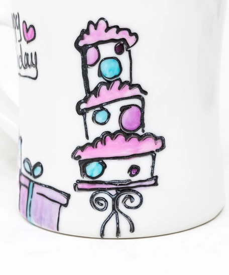 Hand-Painted White Ceramic Mug - Happy Birthday 