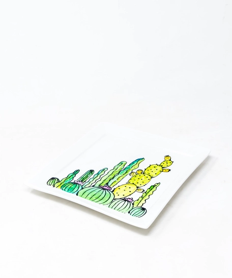 Hand-Painted Square Ceramic Plate - Cactus Theme