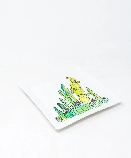 Hand-Painted Square Ceramic Plate - Cactus Theme