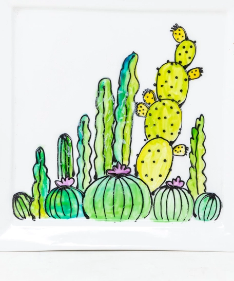 Hand-Painted Square Ceramic Plate - Cactus Theme