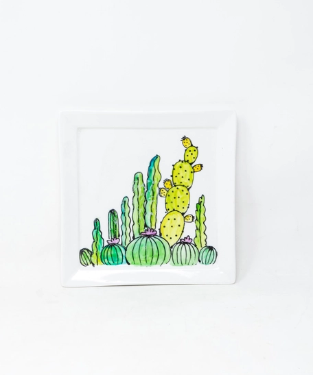 Hand-Painted Square Ceramic Plate - Cactus Theme