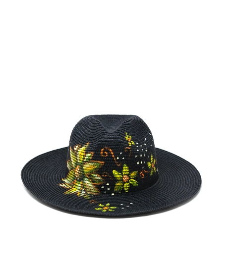 Black Burlap Sun Hat - Flowers Hand Paintings