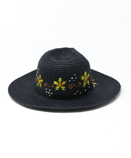 Black Burlap Sun Hat - Flowers Hand Paintings