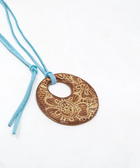 Round Pottery Necklace with Engraved Floral Motifs - Multiple Designs - Blue 1