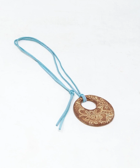 Round Pottery Necklace with Engraved Floral Motifs - Multiple Designs - Blue 1