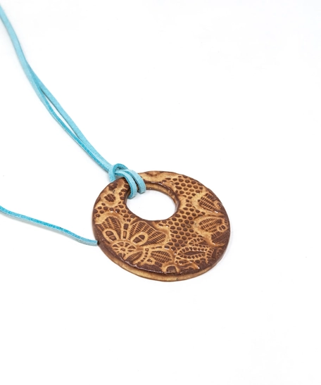 Round Pottery Necklace with Engraved Floral Motifs - Multiple Designs - Blue 1