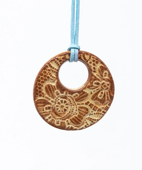 Round Pottery Necklace with Engraved Floral Motifs - Multiple Designs - Blue 1