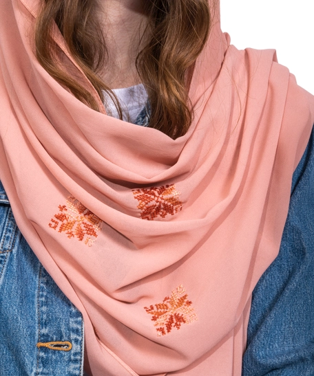 Women's georgette scarf decorated with hand embroidery of floral patterns | Georgette Hijab - Light Pink