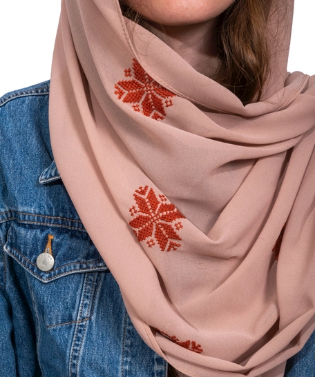 Women's georgette scarf decorated with hand embroidery of floral patterns | Georgette Hijab - Light Pink