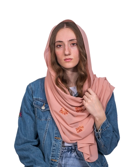 Women's georgette scarf decorated with hand embroidery of floral patterns | Georgette Hijab - Light Pink