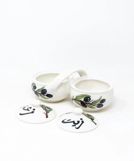 Hand-Painted Double Serving Pottery Bowl for Olive Oil & Thyme - Lemon pattern