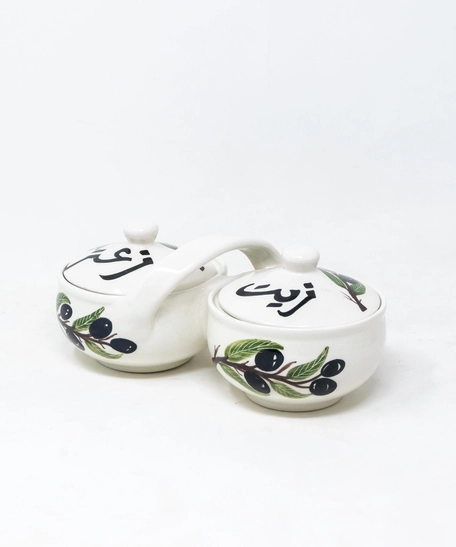 Hand-Painted Double Serving Pottery Bowl for Olive Oil & Thyme - Lemon pattern