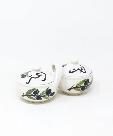 Hand-Painted Double Serving Pottery Bowl for Olive Oil & Thyme - Lemon pattern