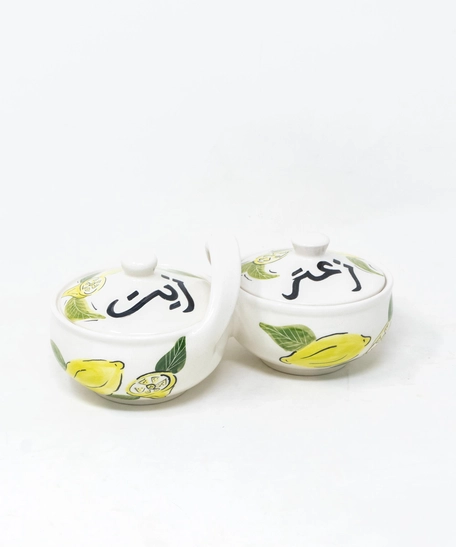 Hand-Painted Double Serving Pottery Bowl for Olive Oil & Thyme - Lemon pattern