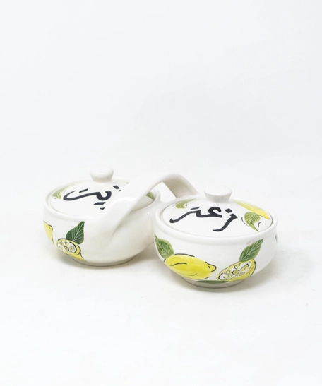 Hand-Painted Double Serving Pottery Bowl for Olive Oil & Thyme - Lemon pattern