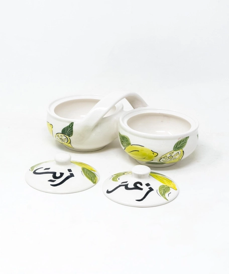 Hand-Painted Double Serving Pottery Bowl for Olive Oil & Thyme - Lemon pattern