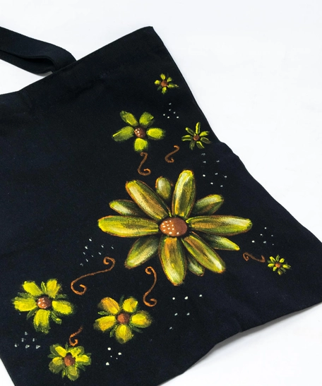 Black Canvas Tote Bag with Hand-Painted Green Flowers