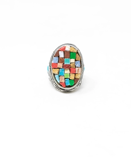 Large Silver Ring with Colorful Mosaic Tiles