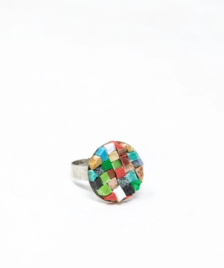 Small Round Silver Ring with Colorful Mosaic Tiles