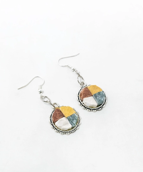 Round Silver Earrings with Colorful Mosaic Tiles - Large