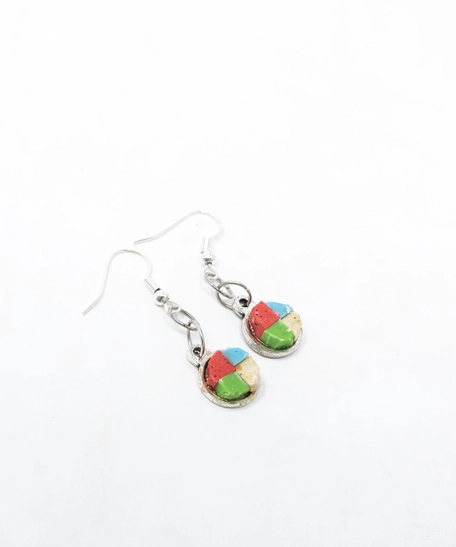 Round Silver Earrings with Colorful Mosaic Tiles - Small