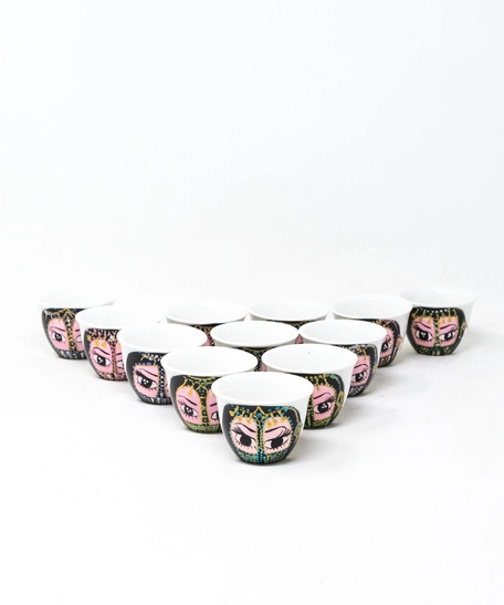 White Hand-Painted Porcelain Arabic Coffee Set - 6 Cups