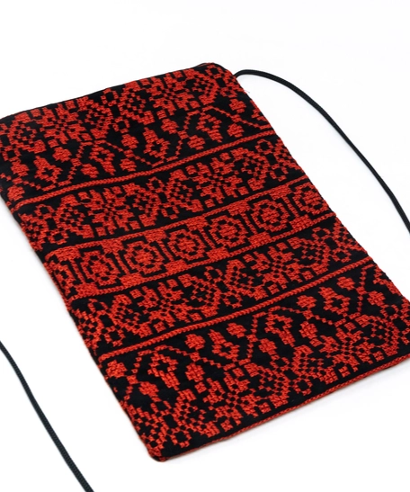 Black Crossbody Bag with Red Embroidery Patterns