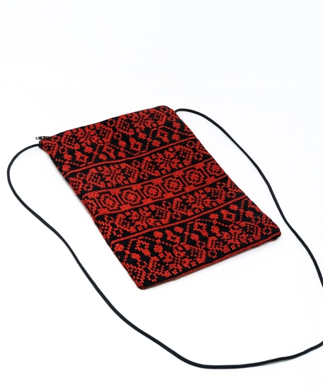 Black Crossbody Bag with Red Embroidery Patterns