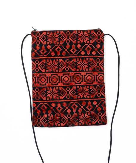 Black Crossbody Bag with Red Embroidery Patterns