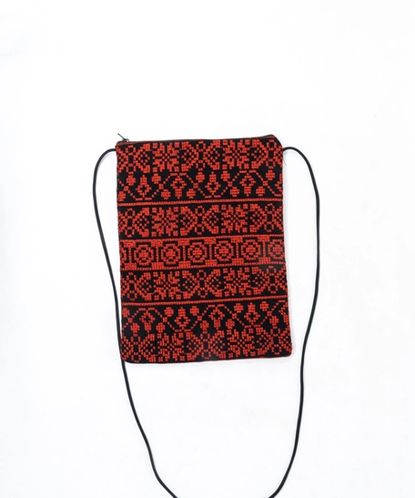 Black Crossbody Bag with Red Embroidery Patterns