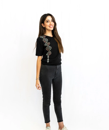 Black T-Shirt with One-Sided Hand Embroidery Patterns - S