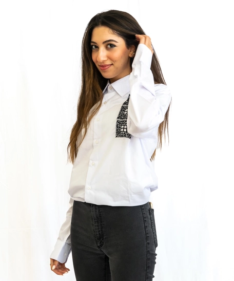 White Shirt with Black Hand Embroidery Patterns - S