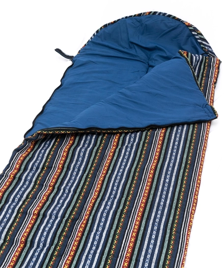 Striped Navy Blue Sleeping Bag with Bedouin-Inspired Patterns