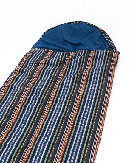 Striped Navy Blue Sleeping Bag with Bedouin-Inspired Patterns