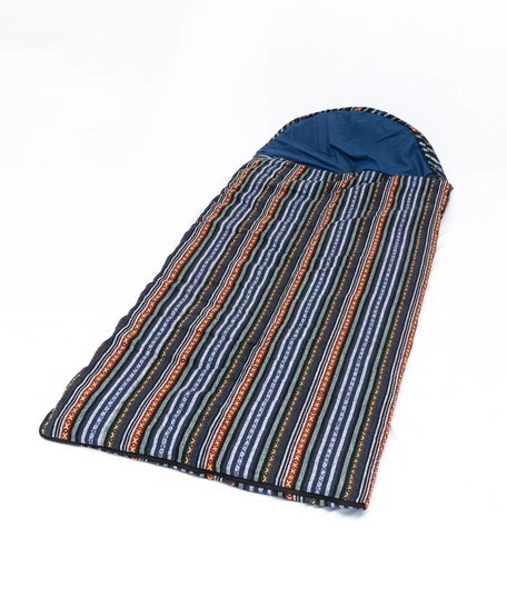 Striped Navy Blue Sleeping Bag with Bedouin-Inspired Patterns