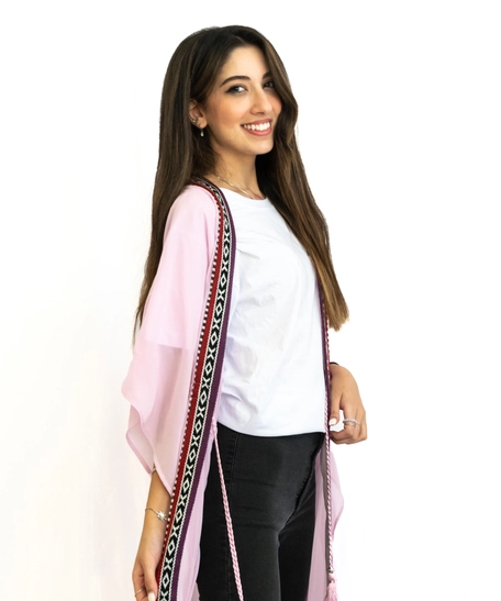 Pink Cardigan with Bedouin Embroidery Patterns on Hem