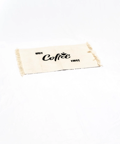 Beige Woolen Door Mat - But Coffee first 