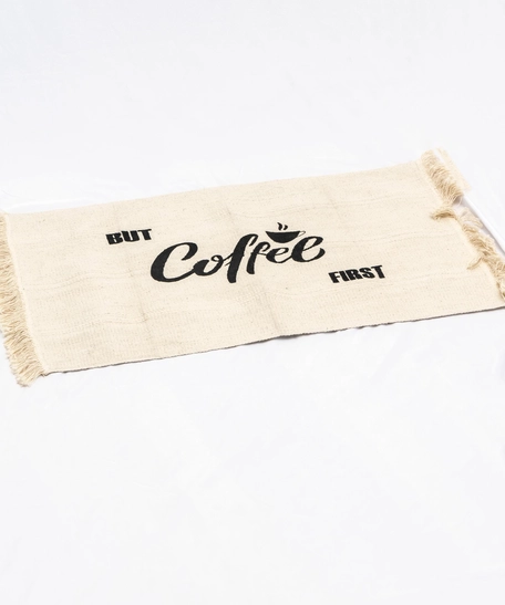 Beige Woolen Door Mat - But Coffee first 