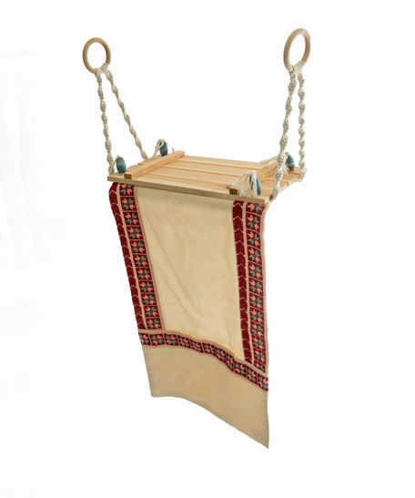 Wooden Shelf with Dangling Embroidered Canvas