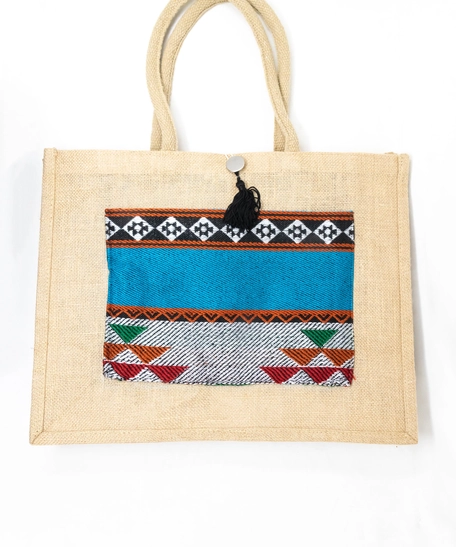Beige Large Burlap Tote Bag with Bedouin-Inspired Patterns - Multiple Designs - Blue & Gray