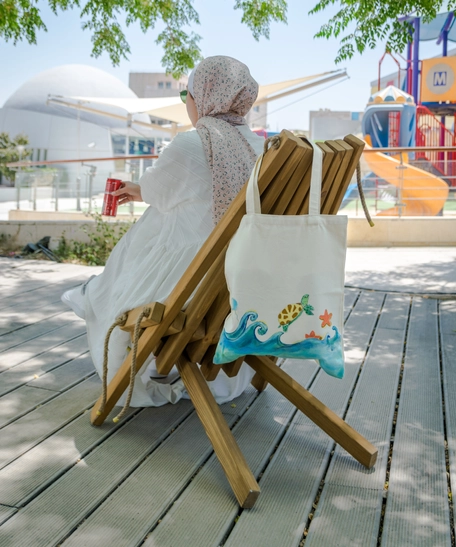 Beige Tote Bag with Beach Theme Hand Paintings